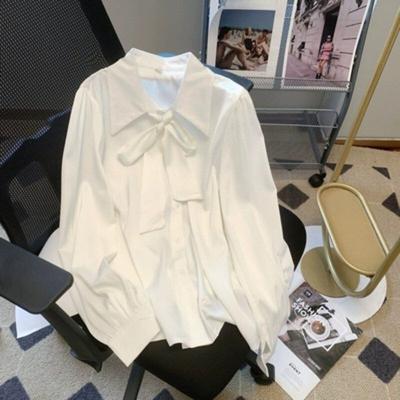 Korean Version Bow Tie Design Women's Shirt Autumn New Fashion Ladies Solid Color Blouse Casual Simple Loose Cardigan Top