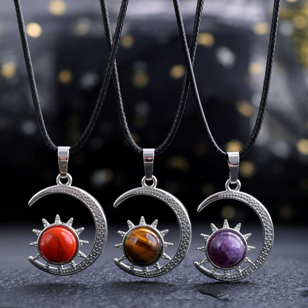 Sun and Moon Design Women's Pendant Necklace with natural Stone Boho Style Beach Vocation Jewelry Gift Moon Sun Necklace Occult