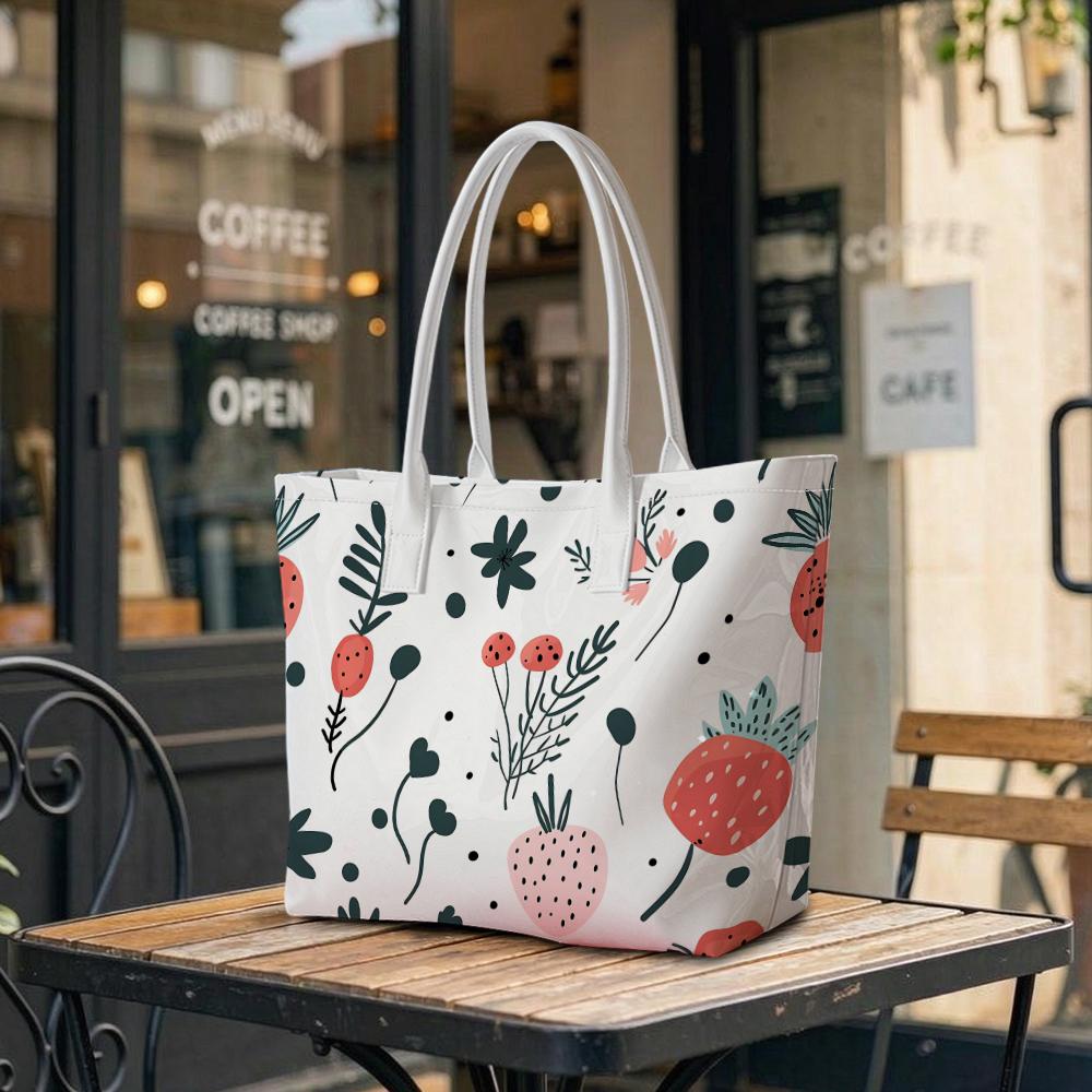 Cute Strawberry Print Tote Bag Fashion Daily Casual Shoulder Bag for Women Large Capacity Portable Handbag