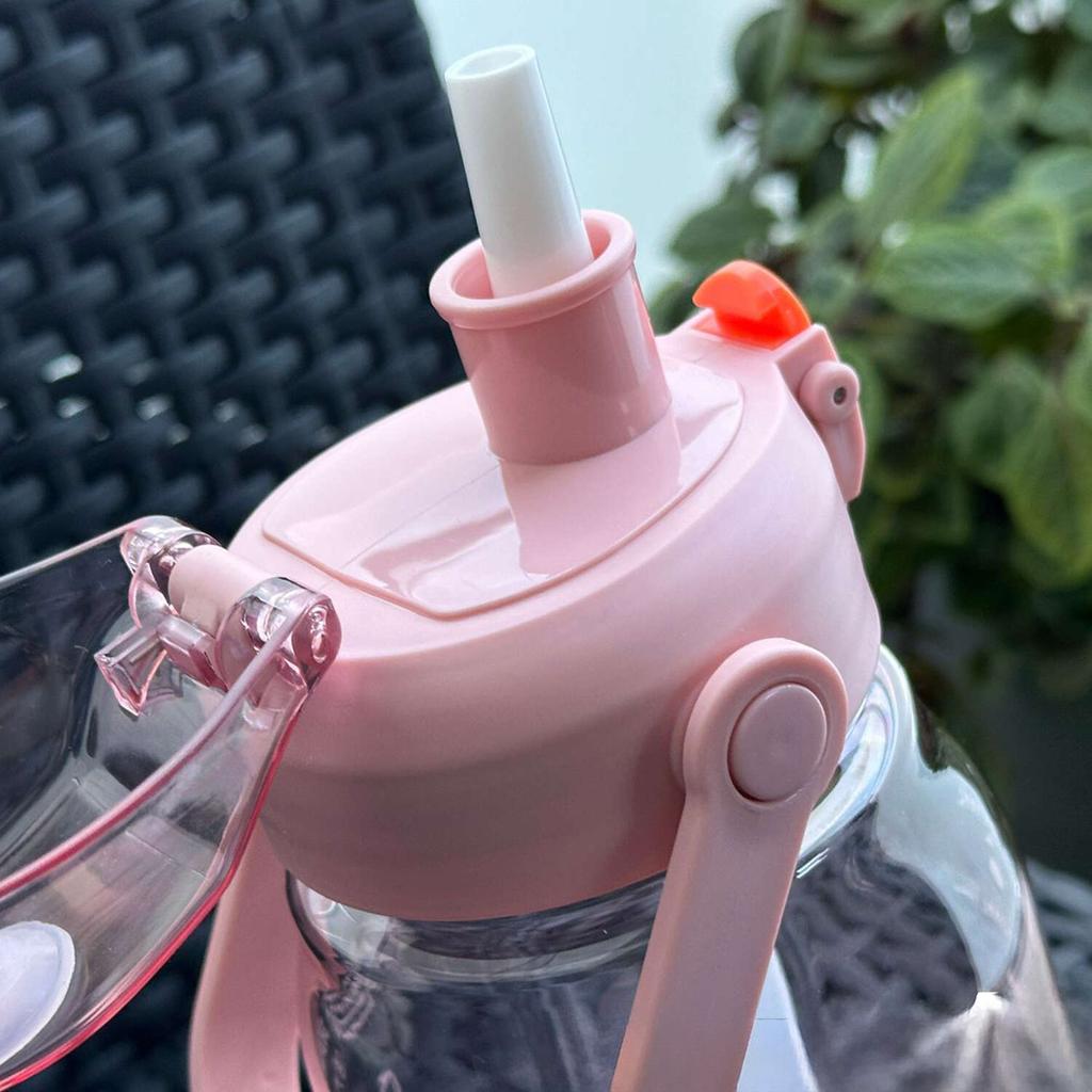 Bottle with a Straw for Drinking Water 1.5L Motivational with a Reminder with a Measuring Cup with a Handle Pink + Washing Brush