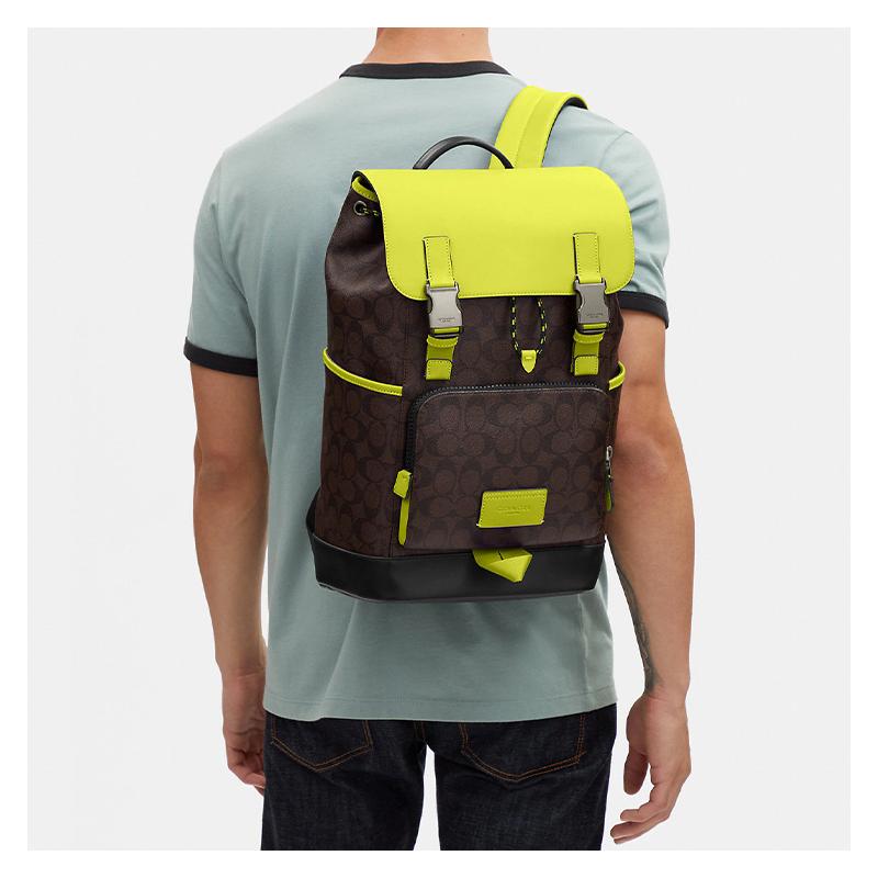 COACH backpack Track 27 Logo Logo Classic Presbyopic Flap Drawstring Multi-Function Bag Canvas with Leather Large Men's Lemon Yellow and Brown
