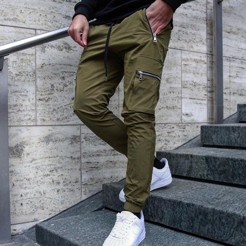 Herren Cargo-Hose mit Kordelzug Taille Reißverschlusstaschen Design Slim Fit Knöchelbündchen Lässige Streetwear Lange Hosen