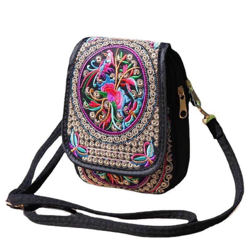 

1PC Embroidered National Style Cloth Bag Waist Bag Oblique Span Shoulder Coin Mini Wallet Carry Vertical Square