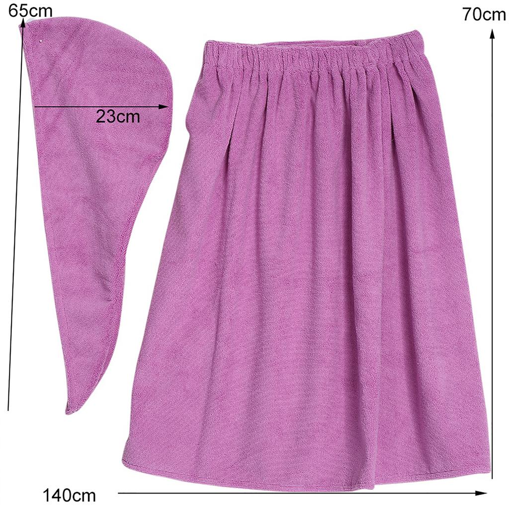 Women Soft Spa Bath Body Wrap Set Towel Bathrobe With Fast Dry Hair Drying Cap (Purple)