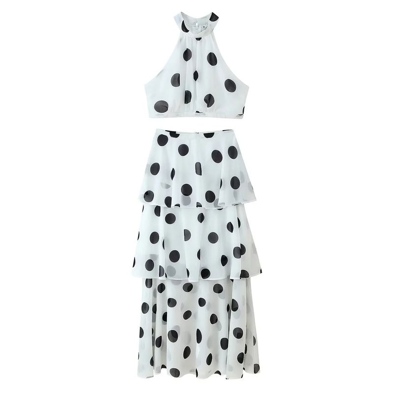 Summer Women's Hanging Collar Sleeveless Dotted Prints Vest Tops + Long Cake Skirt Two-piece Set