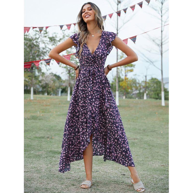 

New V-neck Slim-Fit Irregular Ruffle Sleeve Cotton Silk Navy blue S