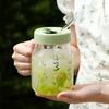 YWDL 600/780ml Mug à motif d'herbe avec paille et couvercle Gobelet en verre avec tasse graduée résistante à la chaleur pour café, lait, boisson