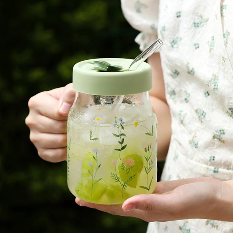 YWDL 600/780ml Mug à motif d'herbe avec paille et couvercle Gobelet en verre avec tasse graduée résistante à la chaleur pour café, lait, boisson