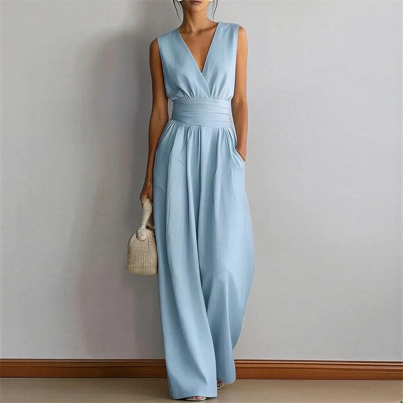 2026 Womens Sleeveless Solid Color High-Waist Wide-Leg Jumpsuit Elegant Casual Office Wear