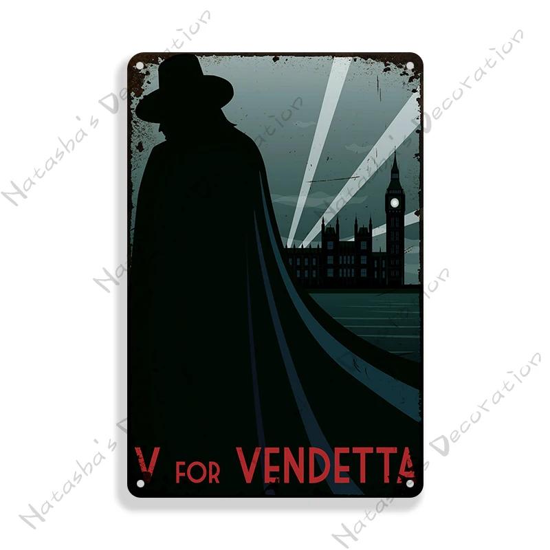V for Vendetta Classic Movie Decorative Plate Metal Plate Vintage Poster Metal Tin Sign Cafe Garage Wall Decor Metal Plaque