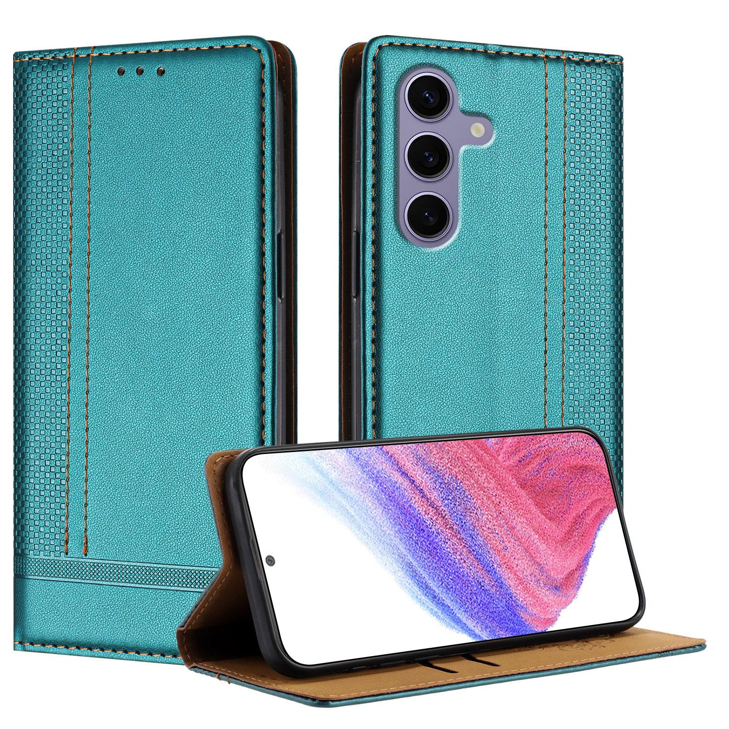 

For Samsung Galaxy S25 Case L-Shaped Grid Pattern Leather Stand Phone Cover with Card Slots Green
