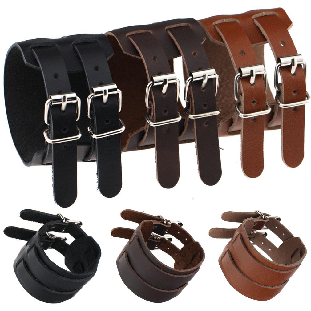 Vintage Genuine Leather Punk Bracelet Double Buckle Wide Cuff Wristband for Men Women Gothic Jewelry