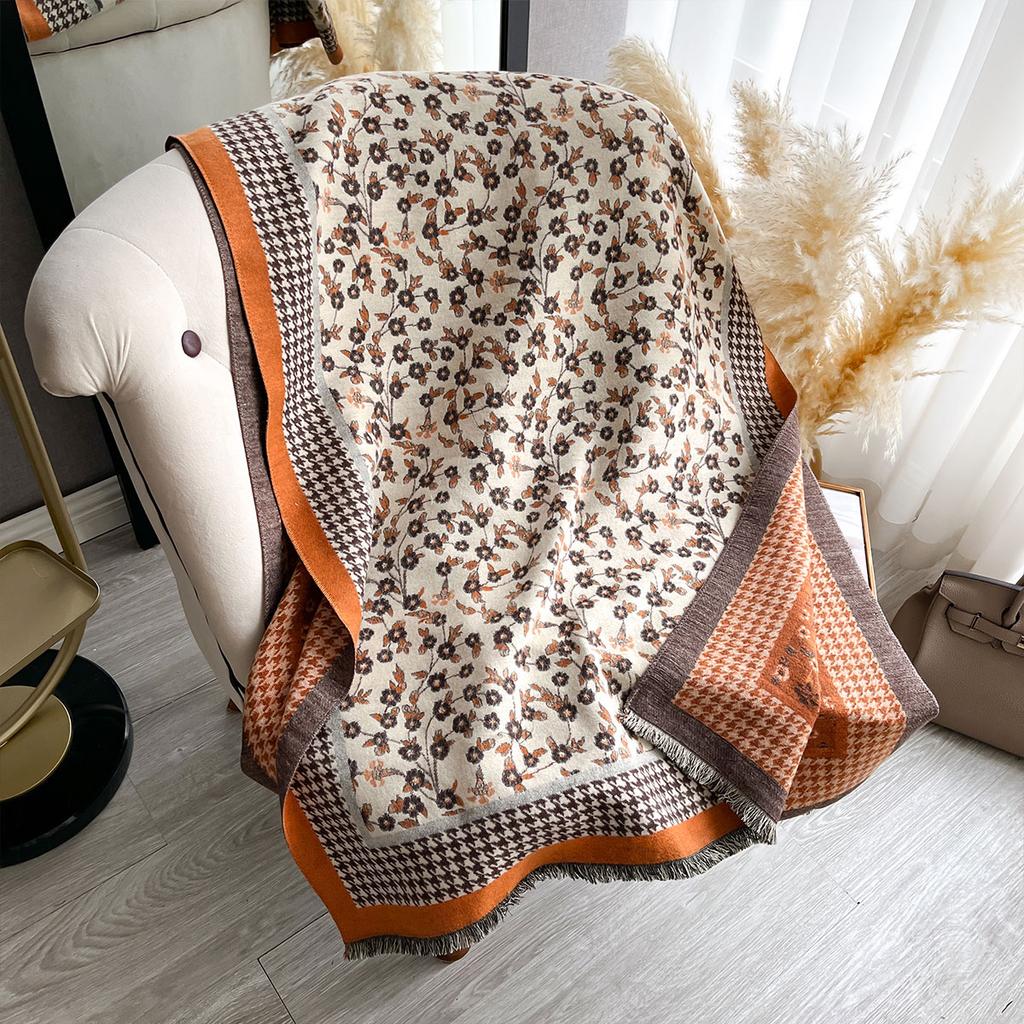 Women New Two Sided Floral Print Imitation Cashmere Scarf Soft Warm Pashmina Shawl Autumn Winter Coldproof Windproof Blanket