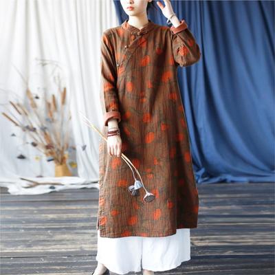 Frauen Chinesischen Stil A-linie Kleid Stand Langarm Druck Floral Herbst Vintage Kleider