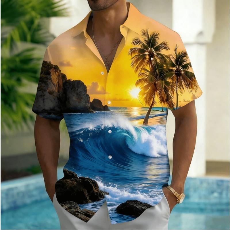Schönes Strandsonnenuntergang Stil Gedruckt Sonnenuntergang Strand Palme Pier Meeresküsten Element Design Herren Sommer Lässig Kragen Hemd 4XL yellow
