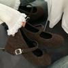 Sapatos retrô de lã com aumento interno de altura, bico quadrado com salto alto grosso, Mary Jane, sapatos de boca leve