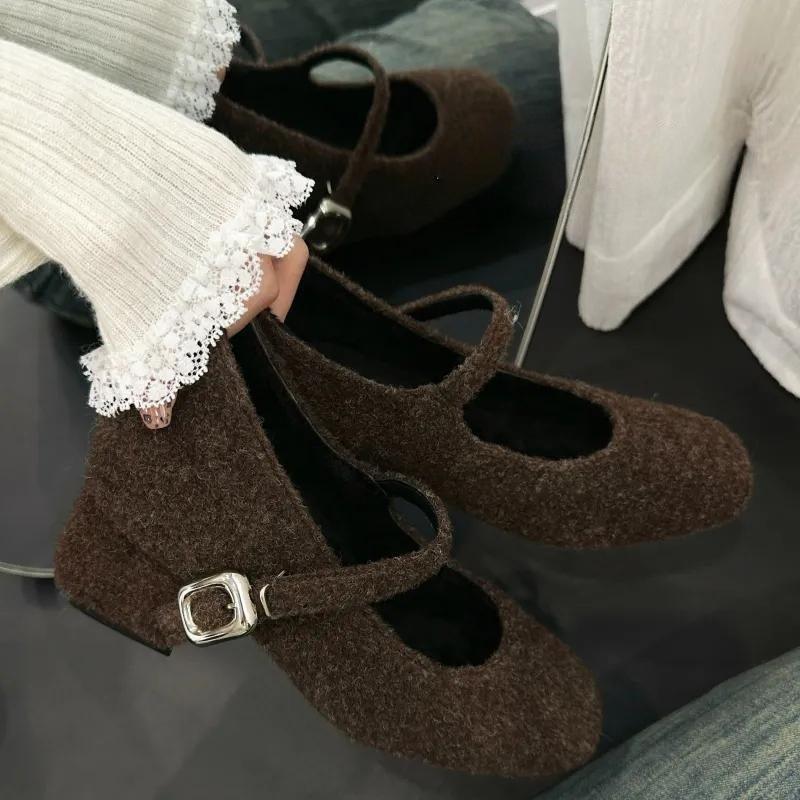 Sapatos retrô de lã com aumento interno de altura, bico quadrado com salto alto grosso, Mary Jane, sapatos de boca leve