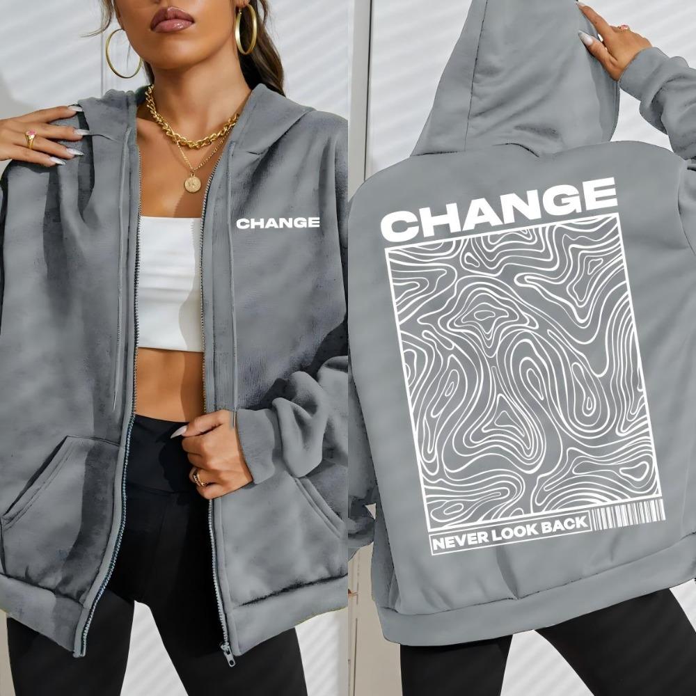 Change Never Look Back Street Graphic Print Women Zipper Hoody Autumn Hoodie Loose Casual Hoodies Fleece Woman Clothes