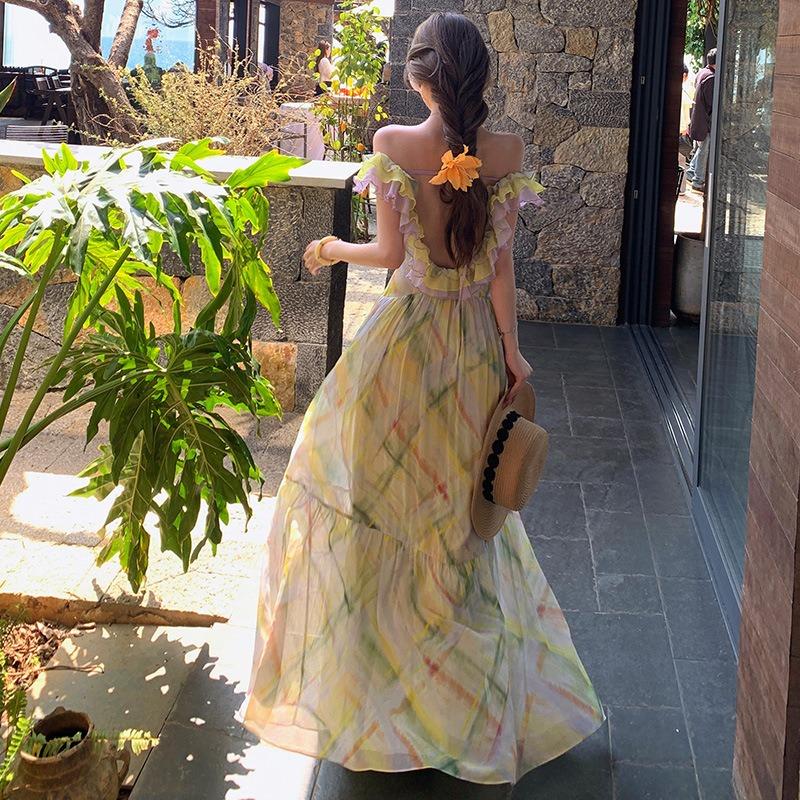Romantic Print Contrasting Color Ruffle Edge Halter Dress Vacation Fairy Dress