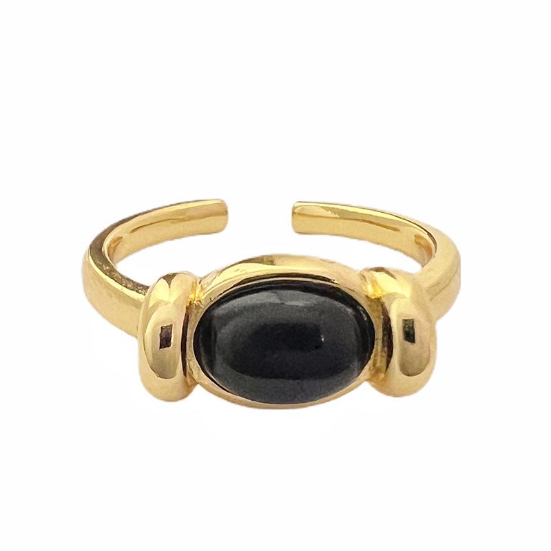 Gold Medieval Oval Black Gallstone Open Ring Stacked With Light Luxury French High-End Ring, Personalized Index Finger Ring
