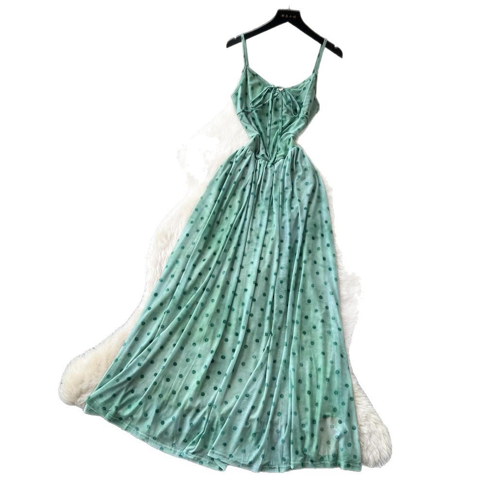 French holiday wind green polka dot suspender dress women's summer versatile high waist and thin temperament long dress