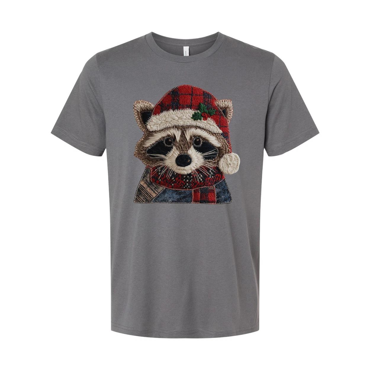 Raccoon Christmas T Shirt With Plaid Santa Hat And Cozy Scarf For Holiday Cheer 2XL