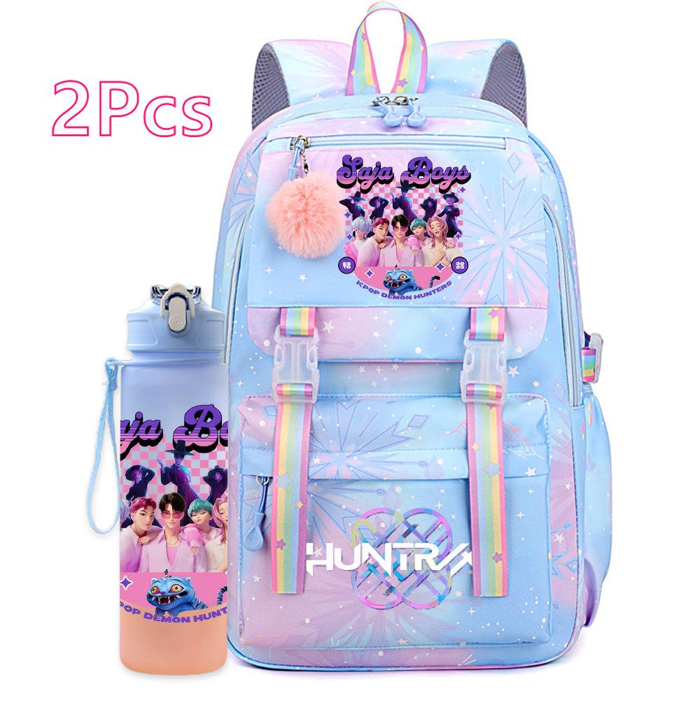 2Pcs/set New Anime Kpop Printed Backpack with 750Ml Water Bottler Large Capacity Travel Bag for Teenager Girl Boy Bookbag Kid Gift Large Capacity Bag