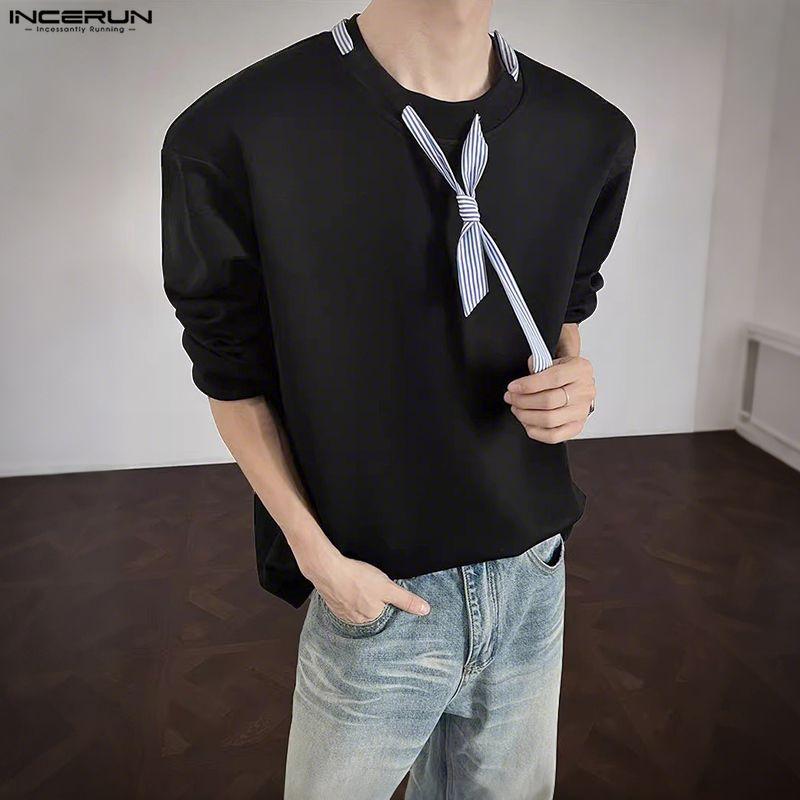 INCERUN Spring Men Striped Tie Long Sleeve Casual Loose Pullover T-shirts Tops