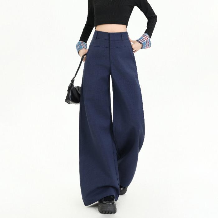 navy blue yuppie old money style retro straight trousers women's high waist thin casual trousers trousers & extended