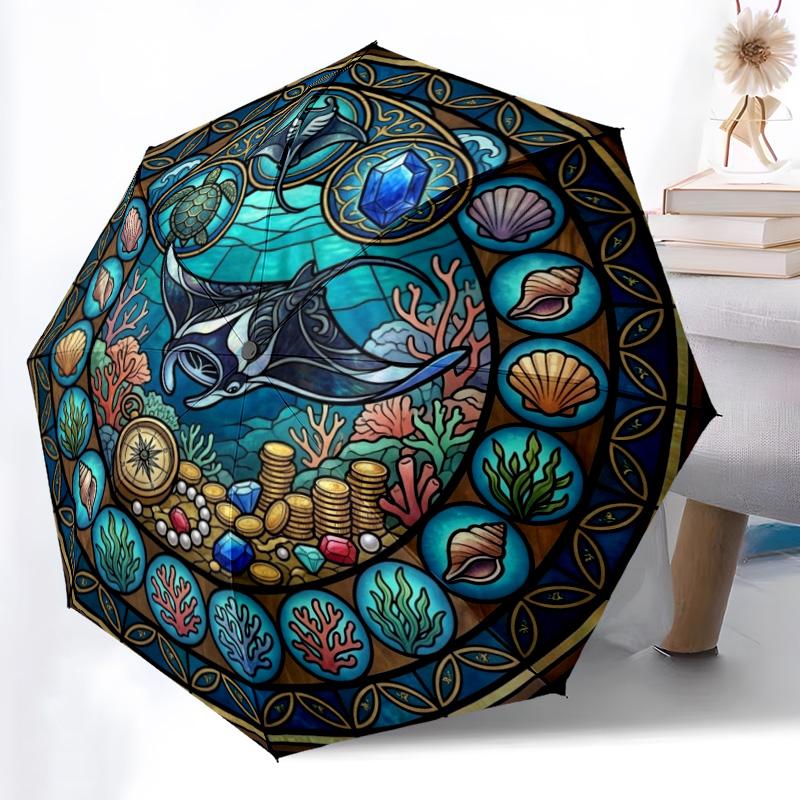 Ocean Treasure Glass Pattern Umbrella, Portable and Foldable Design, 8 Ribs, a Casual Accessory for Halloween, Christmas, and Birthday Gifts.
