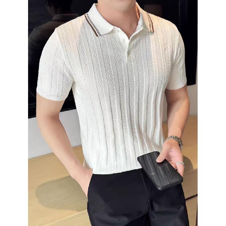 American Style Half-Zip Mercerized Cotton Ice Silk Polo Shirt Men High-End Striped Slim Fit Short Sleeve Sweatshirt Turn-Down Collar Workwear T-Shirt