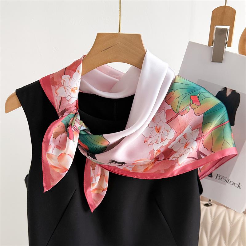 70cm Chinese Style Lotus Printed Scarf Women's Soft Satin Plant Printed Scarfs Thin and Fashionable Headscarf Shawl Scarf