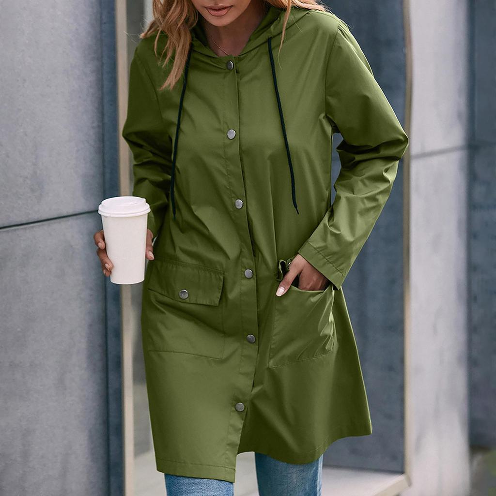 Women's Fashion-Simple Solid Color Outdoor Sports Single-breasted Pocket Windproof And Rainproof Hooded Mid-length Windbreaker Jacket