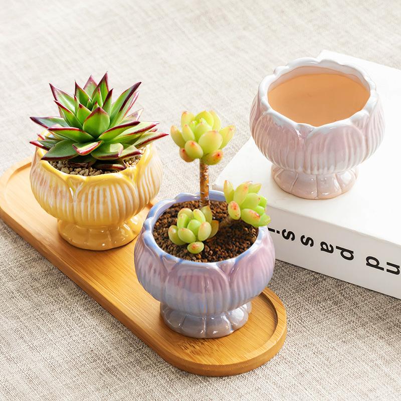 Creative Ceramic Flowerpot Petal-Rim / Lotus Shape Succulent Planter Desktop Ornament for Home Garden Decor