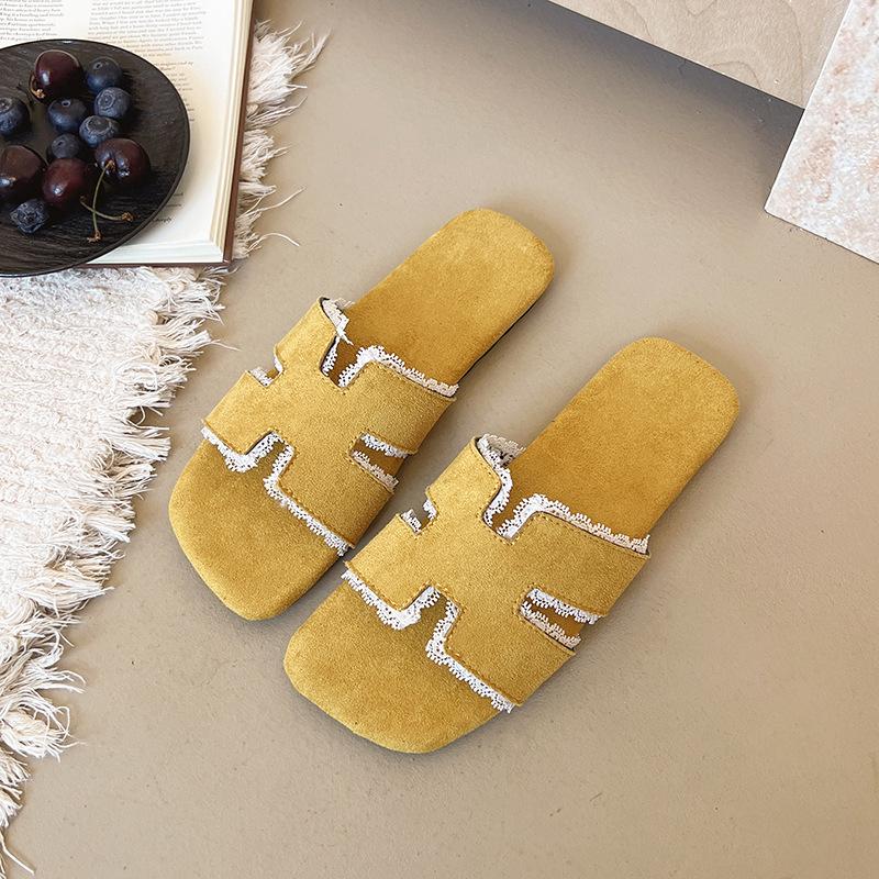 2025 zomer trendy imitatieleer platte zool one-word slippers damesmode veelzijdig casual spijkerstof coole slippers