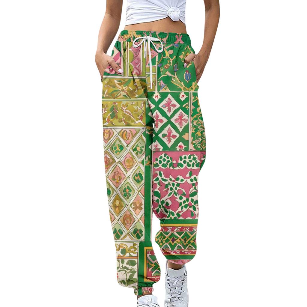 Women's Sports Pants With Pockets Fashion Floral Print Elastic Waist Pants Casual Sweatpants Pants