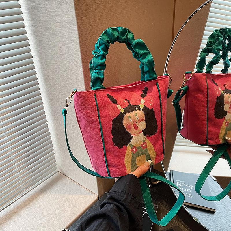 

Холщовая сумка-тоут с принтом на плечо, портативная, 2025 лето, новая модная сумка-мессенджер для студентов колледжа, портативная маленькая мультяшная сумка