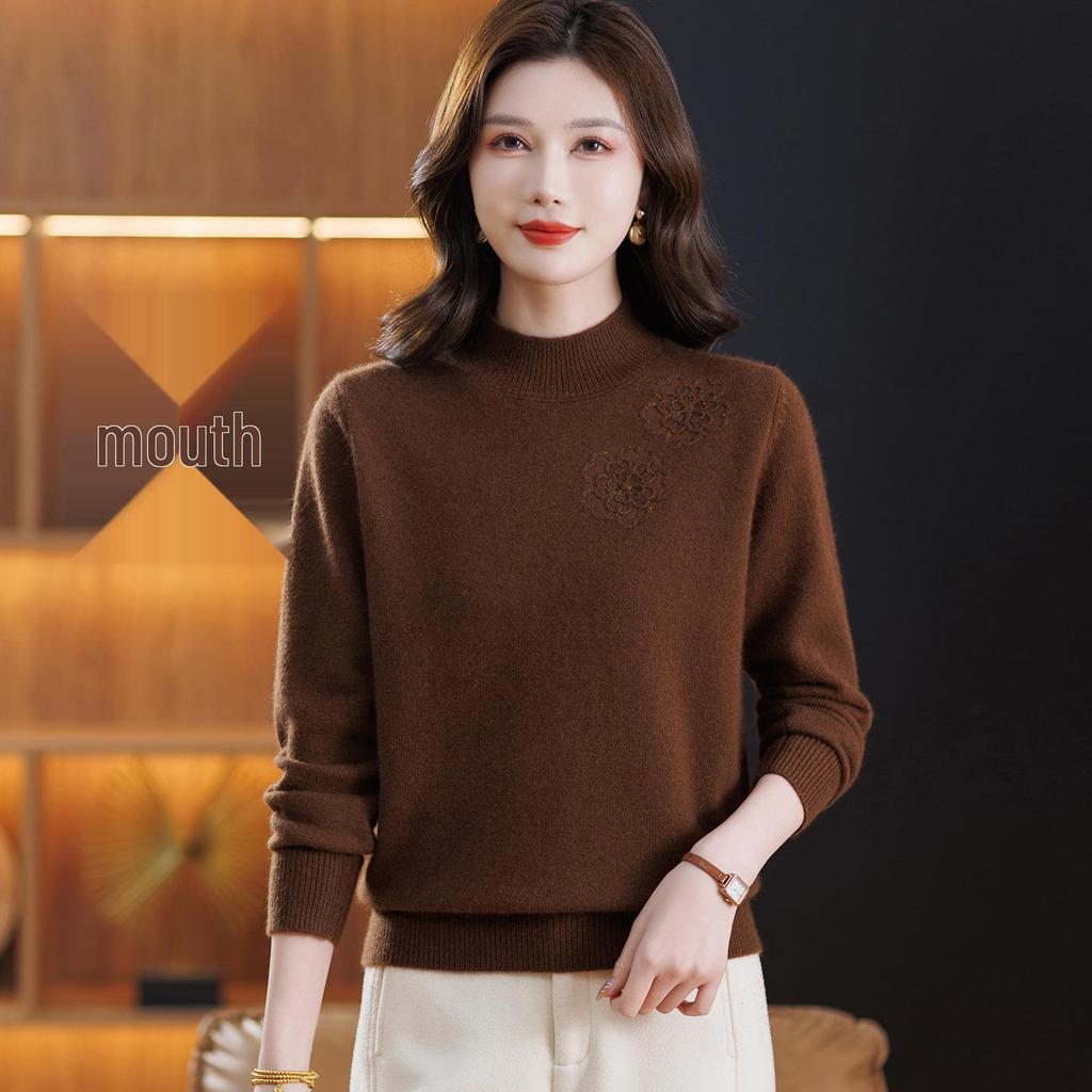 Women's Pure Wool Embroidered Sweater - Half-High Collar, Autumn/Winter, for Middle-Aged & Elderly, Warm Base Layer/Outerwear