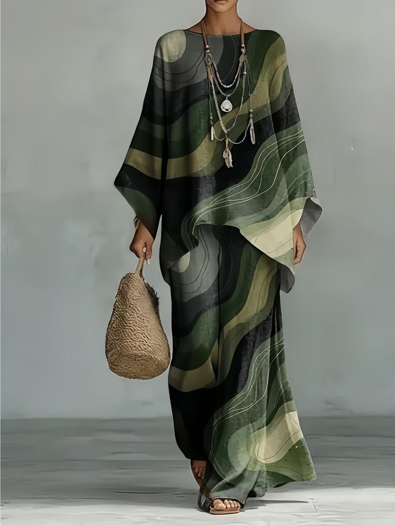 Plus Size - Printed Design - No Texture - Plus Size Casual Suit, Solid Color Casual Fashion Three Quarter Sleeve Crew Neck Top Wide Leg Pants Suit