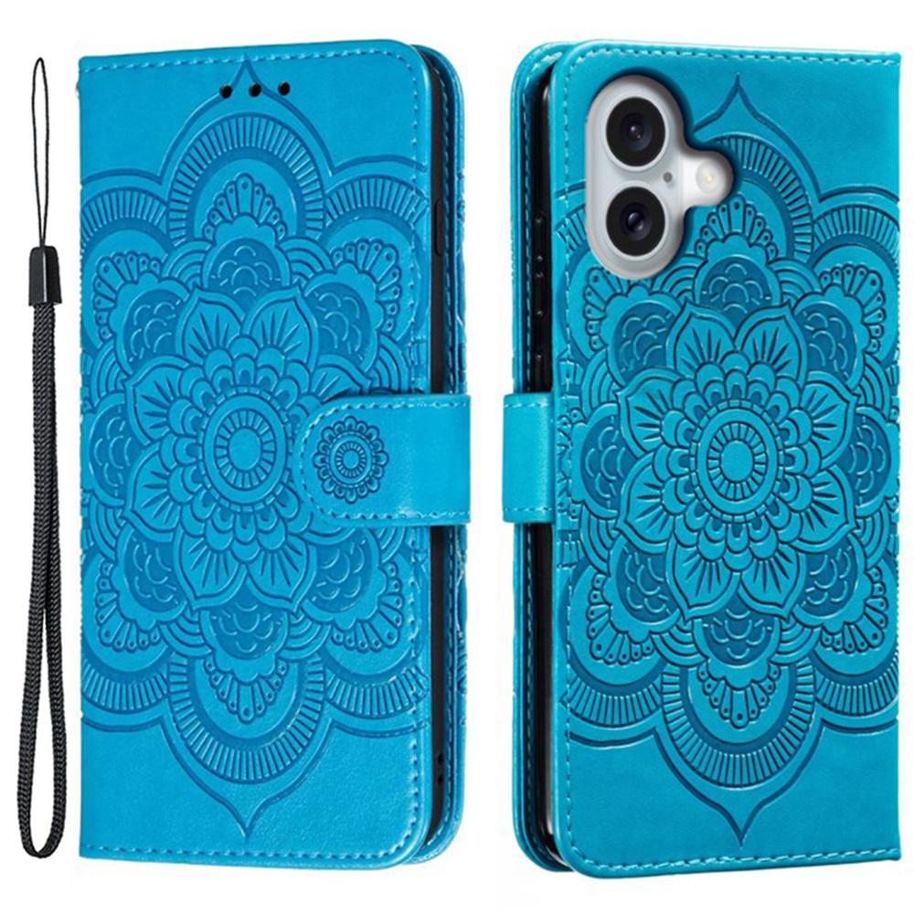For iPhone 16 Case PU Leather Mandala Imprinted Design Wallet Phone Cover - Green