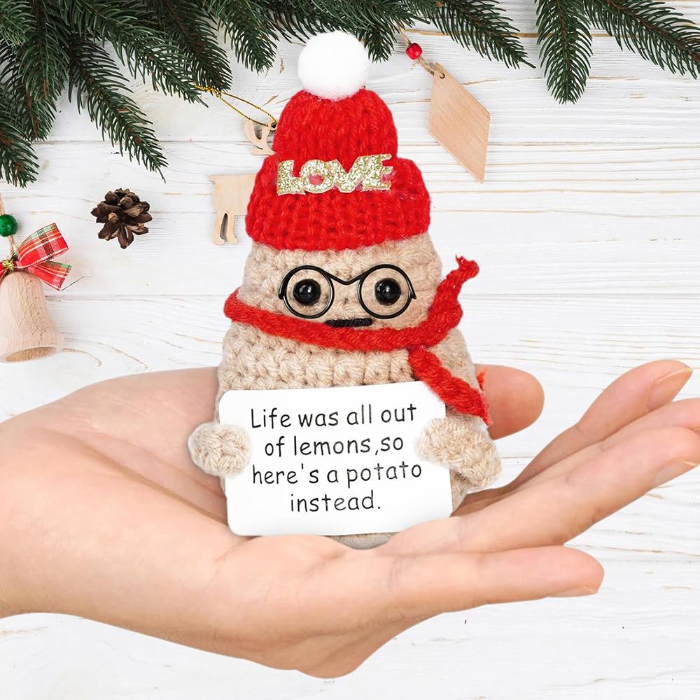 Crochet Positive Potato Mini Pocket Hug Dolls Handmade Plush Knitted Xmas Potatoes Doll With Glasses Christmas Desktop Decor