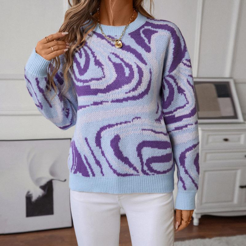 Women S Knitted Pullover Sweater Round Neck Loose Fit Colorful Pattern Spring