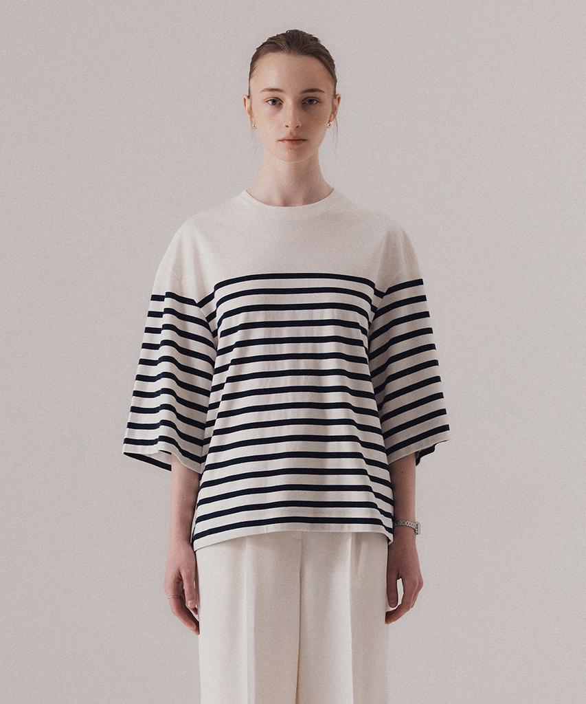 SILN Flared Three-Quarter Sleeve Stripe T-Shirts (Navy)