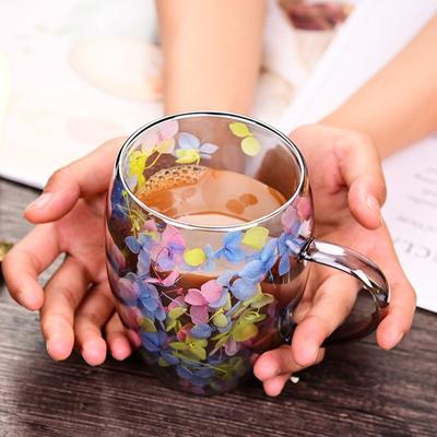 Double Wall Glass Coffee Mug with Handle High Borosilicate Heat Resistant Cup Colorful Petal Design Hot Cold Drinks Latte Tea Juice Insulated Cup