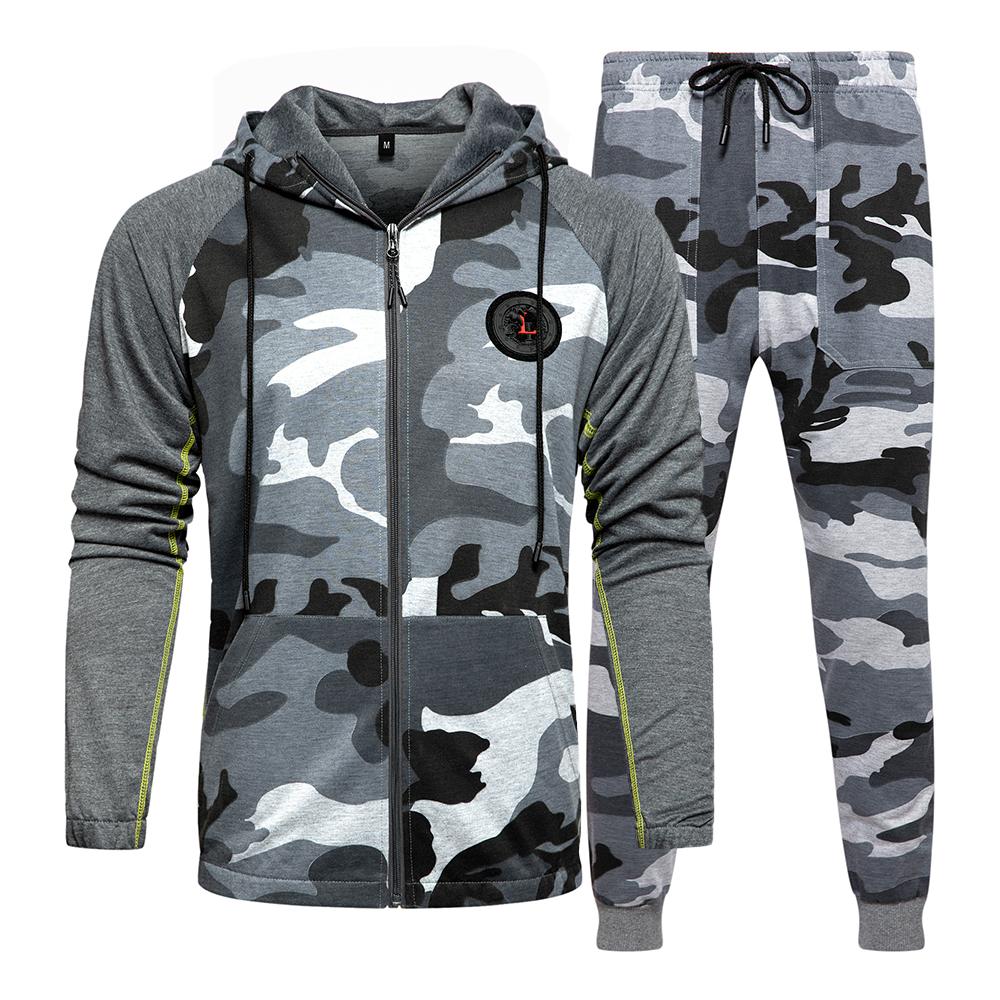 Camo Herren Trainingsanzug Kapuzenoberbekleidung Hoodie Set 2 Teile Herbst Sportlich Männlich Fitness Camouflage Sweatshirts Jacke + Hose Sets