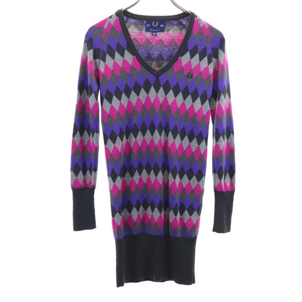 Fred Perry Wool Long Sleeve V Neck Sweater USA6 Gray Knit Dress Women Used