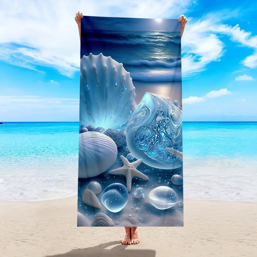 Beach-Style Shell & Starfish Polyester Beach Towel, 2D Printed, Quick-Dry Lightweight, All-Season Unisex, Ideal for Beach/Surfin