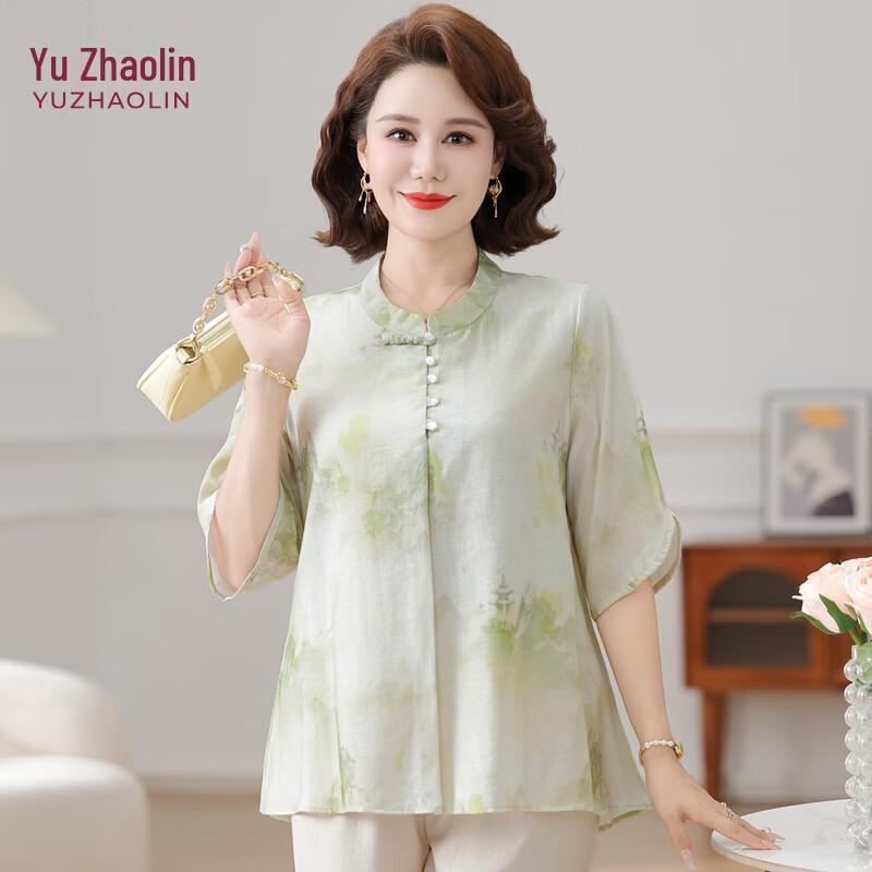 YUZHAOLIN Women's Mid-Aged Cotton Linen Short Sleeve T-Shirt - New Chinese Style Summer 2026