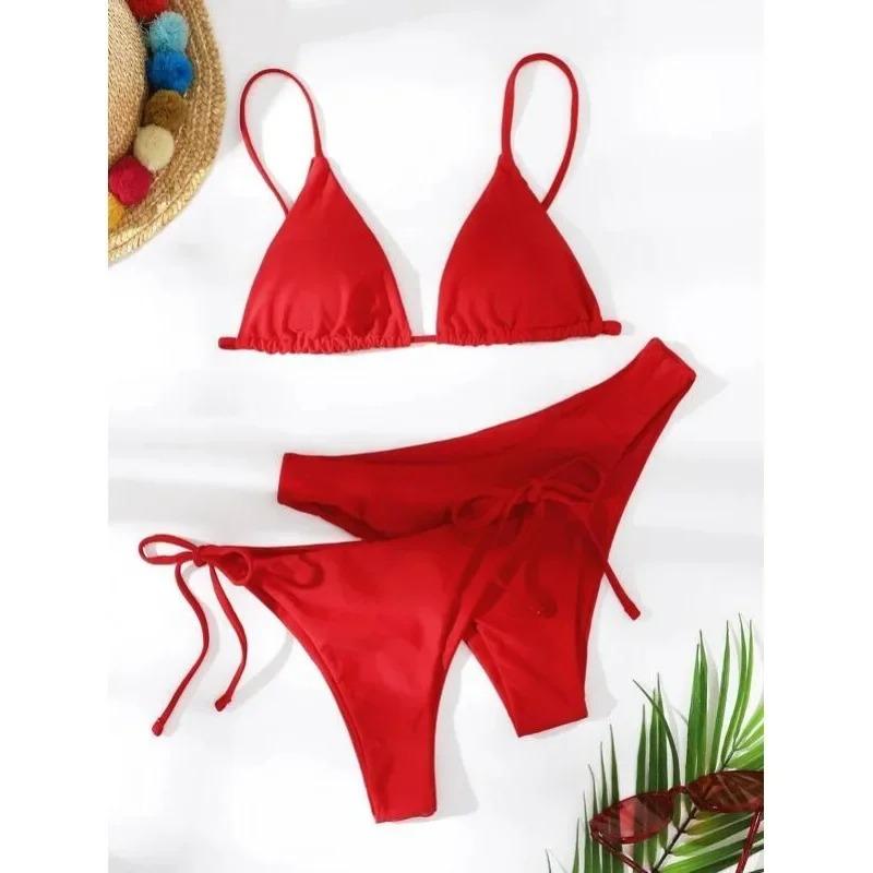 Bikini Sexy 3 Pezzi Donna Monocolore Fascia Divisa Triangolo Costume da Bagno Biquini Brasiliano Femminile Costume da Bagno Estivo per Vacanze in Spiaggia
