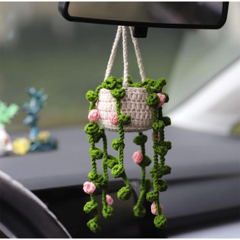 Hand Woven Plant Baskets Car Decor Yarn Hooks Woven Plants Potted Plants Car Pendants Cute Car Interiors Kawaii Room Decoration